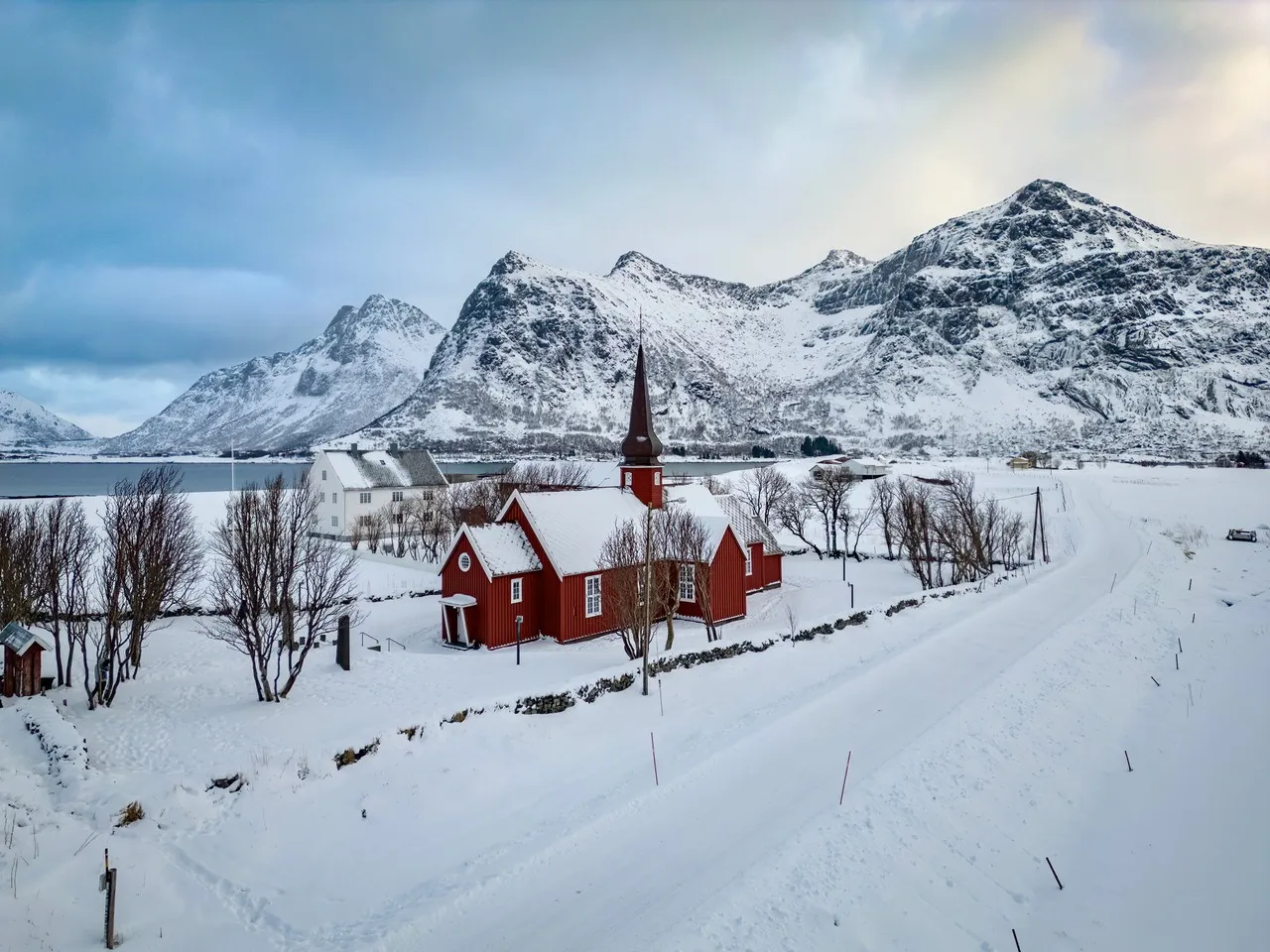Flakstad Kirke - From Drone, Norway