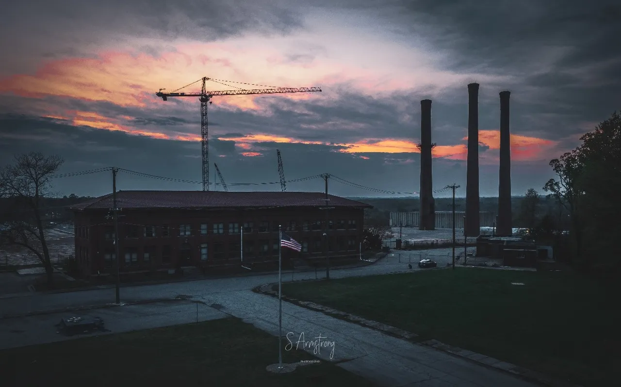 1st Tower Crane in Danville - Von Parking lot with drone, United States