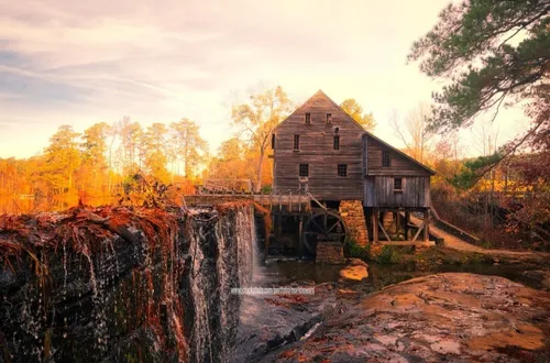 Yates Mill Gristmill - From Lower dam rock steps, United States