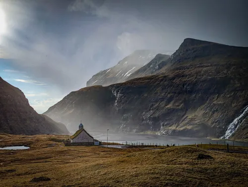 Church on Landscape - Aus Path, Faroe Islands